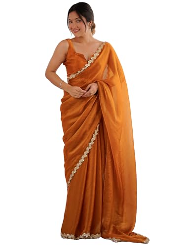 AKHILAM Women's Orange Chiffon Embellished Saree With Unstitched Blouse Piece (FNPATTI1004_AB)