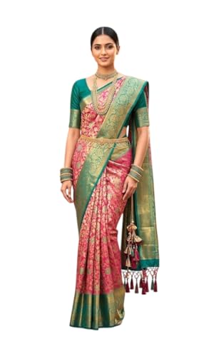 VFCollections Women's Traditional Handloom Kanchipuram Silk Pure Pattu Sarees | Rich Zari Woven Design | Bridal Saree | Unstitched Blouse (VFC639-1)