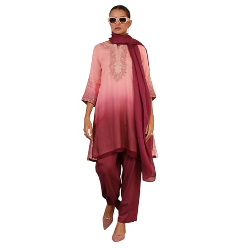 BIBA Women Peach Viscose Blend Straight Suit Set_42