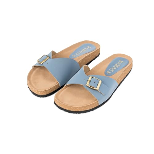 Indifeet Cork Sandal for Women Stylish Buckle Sandals Footwear Ladies Light Slippers Flats Women’s Double Strap Casual Corks Flat Womens Adjustable Slides Girls Daily Use Water Resistance Chappal Blue