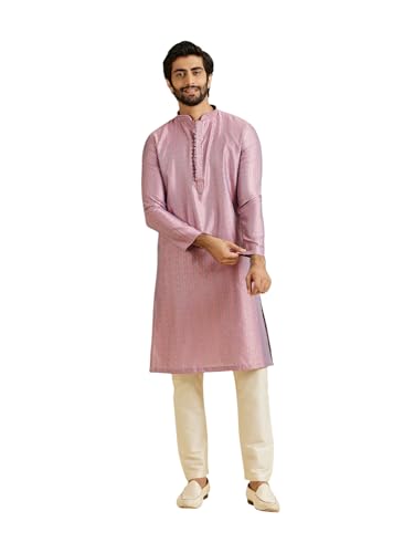 Manyavar Men's Art Silk Textured Neckline Embroidered Kurta Pyjama Set(Pink,M)