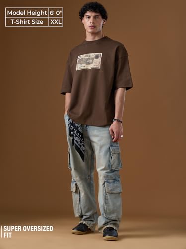 The Souled Store Nomad: Retro Rupee Men and Boys Short Sleeves Round Neck Dark Brown Printed Graphic Casual Drop Shoulder Streetwear Trendy Super Oversized T-Shirt