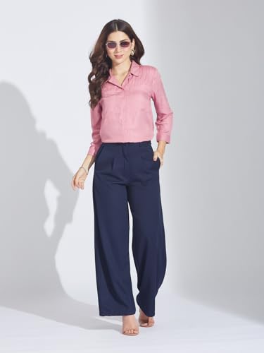 Latin Quarters Women Pink 3/4 Sleeve Spread Collar Solid Shirt_L