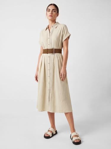 Max Women Solid Shirt Dress with Belt(Beige_S)