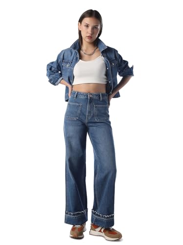 ONLY Women's Solid Wide Leg High-Rise Blue Jeans