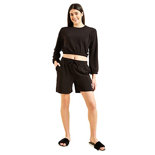 Sweet Dreams Women Cotton Blend Solid Top & Pyjama Set Black