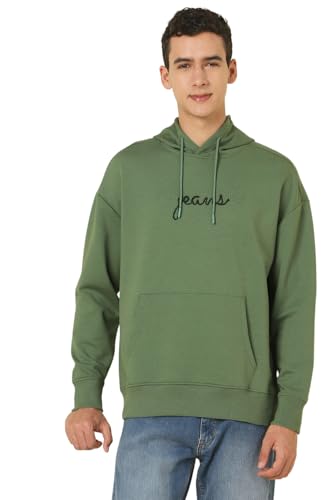 Men Olive Hooded Neck Full Sleeves Casual Sweatshirt