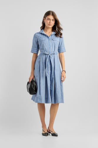 Women Light Blue Striped Knee Length Casual Dress