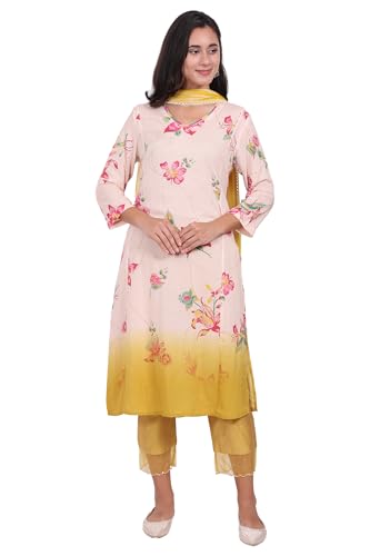 W for Woman Off-White Floral Printed Beaded Modal Straight Kurta, Pants and Dupatta Set - (WS13669-126956-L)