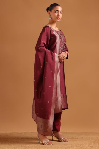 Soch Womens Wine Organza Botanical Zari Woven Hand Embroidered Salwar Suit
