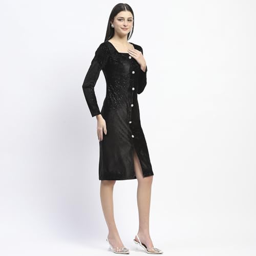 Madame Square Neck Buttoned Black Bodycon Dress for Women