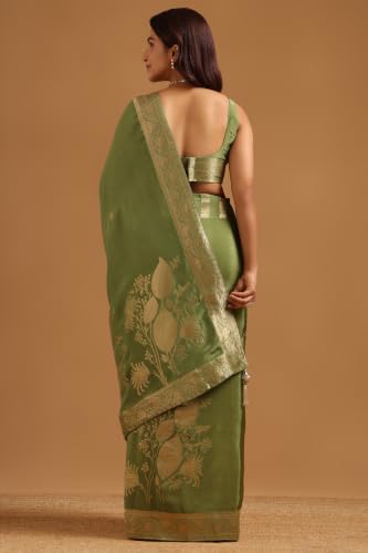 Soch Womens Olive Silk Blend Botanical Zari Woven Saree