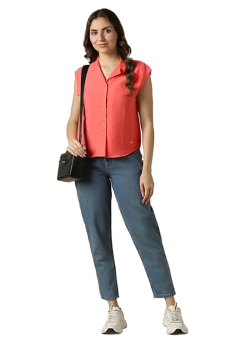 Women Peach Solid Cap Sleeves Shirt