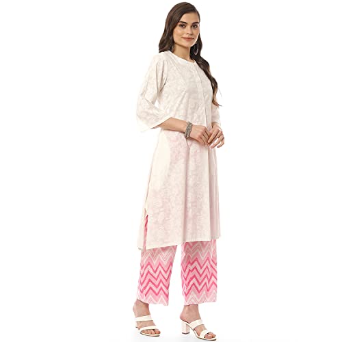BIBA Women Printed Straight Salwar Kurta Dupatta(Skd8052_Wht/Pnk_42), Cotton, White/Pink