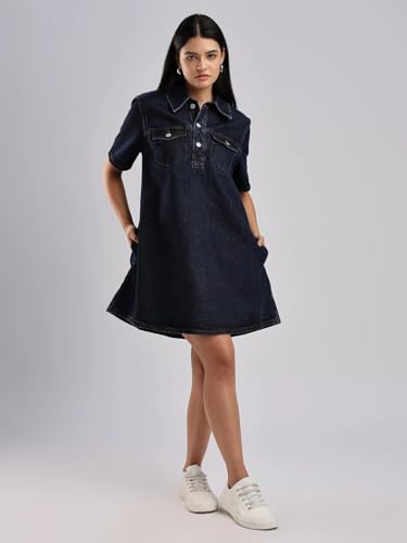 Calvin Klein Jeans Women's Cotton A-Line Above The Knee Casual Dress (47B073G401_Dark Ck Blue
