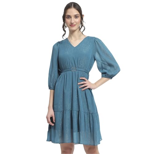 Madame Shimmery Tiered Belted Waist Teal Midi Dress for Women