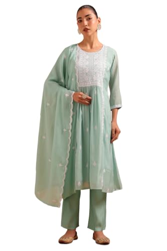 Soch Womens Turquoise Blue Mul Chanderi Embroidered Ethnic Motifs Chikankari Embroidery Salwar Suit