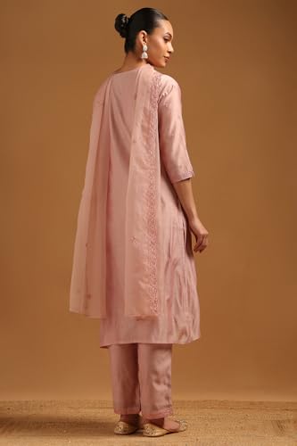 Soch Womens Blush Pink Chanderi Embroidered Suit Set With Machine Embroidery