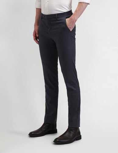Arrow Men's Blue Solid Mid Rise Polyester Hook and Eye Slim Fit Flat Front Slant Pocket Trousers (ARAITR2082_Blue_42)