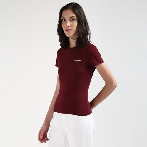 Tommy Hilfiger Wine Cotton Solid Women Slim Fit T-Shirt