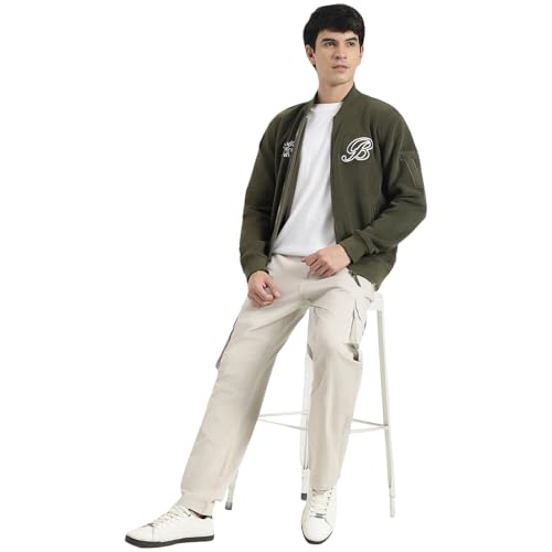 United Colors of Benetton Regular Fit Band Collar Textured Vibe Check Varsity Polar Jacket (Size: XL) - 25A2VLRJ3677I902