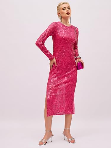 Sassafras Women Fuchsia Sequin Round Neck Side Slit Midi Dress L