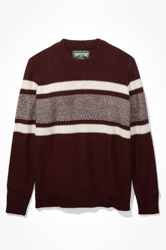 American Eagle Men Burgundy Super Soft Striped Crew Neck Sweater