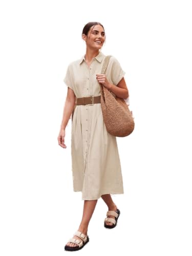 Max Women Solid Shirt Dress with Belt(Beige_S)