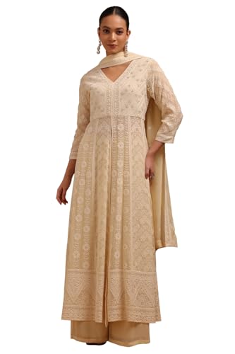 Soch Womens Cream Georgette Embroidered Suit Set With Sequins