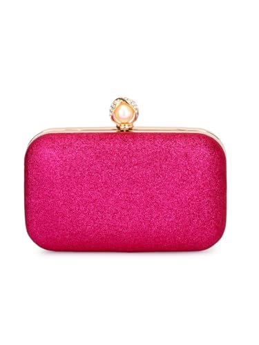 TOOBA Hot Pink Glitter Clutch Bag for Women – Elegant Party Purse with Gold Handle & Pearl Clasp, Perfect for Weddings, Festive Looks & Evening