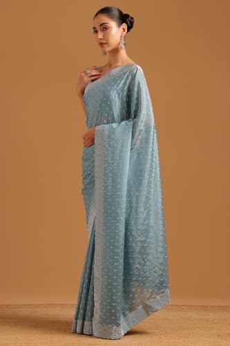Soch Womens Powder Blue Satin Embellished Zari Woven Swarovski Stone Saree