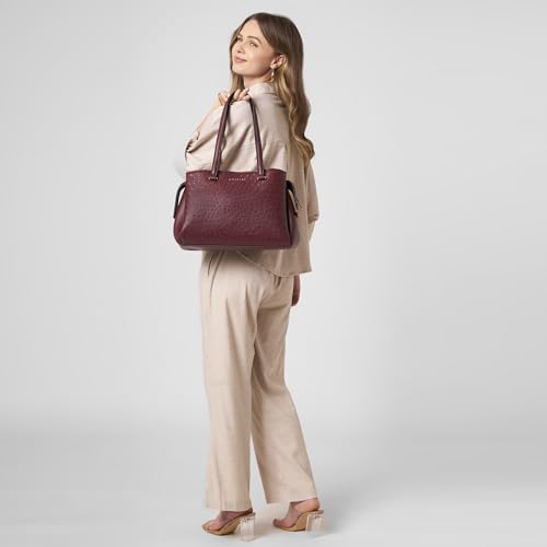 Caprese Britney Large Satchel Bag for Women | Premium Animal Texture Faux Leather Shoulder Bag | Stylish Office & Casual Handbag | Spacious Tote with Zipper & Magnetic Button Closure (Cherry Lacquer)