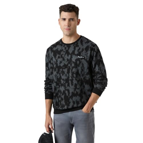 Pepe Black Self Design Full Sleeves Men Sweatshirt