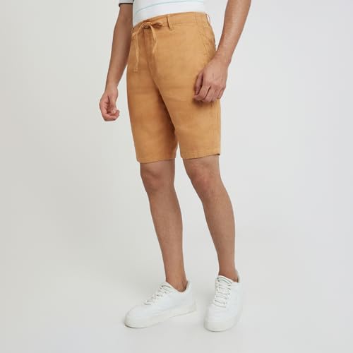Raymond Men's Solid Pattern Slim Fit Pure Linen Flat Front Casual Shorts (Size: 40)-RCHE00139-Y6 Dark Yellow