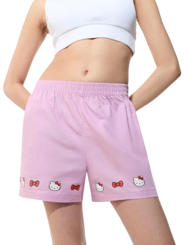 The Souled Store Hello Kitty: Pretty Kitty Women and Girls Elastic Waistband Pink Graphic Printed Cotton Regular Fit Lightweight Everyday All-Season Comfortable Lounge Boxer Shorts