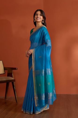 Taneira Women Dark Blue Pure Silk Cotton Chanderi Woven Saree with Unstitched Blouse Piece (SAPH03AA7685-Dark Blue)