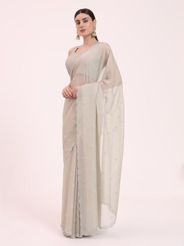 FIORRA Women's Light Grey Organza Crushed Siroski Work Embellished Border Saree With Unstitched Blouse