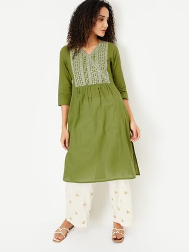 Max Women Cotton Blend Regular Fit Kurta (PFEKSP25KE_Green, Large)