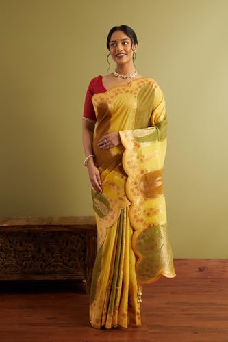Taneira Women Yellow Woven Viscose Luxe Saree with Unstitched Blouse Piece (SPG08H00006-Yellow)