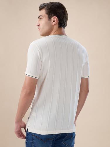 Status Quo Men's Textured Half Sleeves Round Neck Regular Fit T-Shirt with Tipping Details | 52% Cotton 48% Polyester | Off White | M