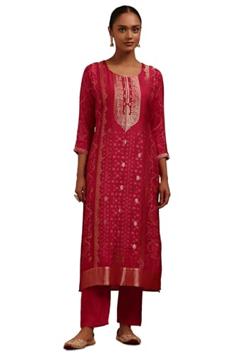 Soch Womens Fuchsia Dola Silk Bandhani Print Kurta Set With Zari Woven