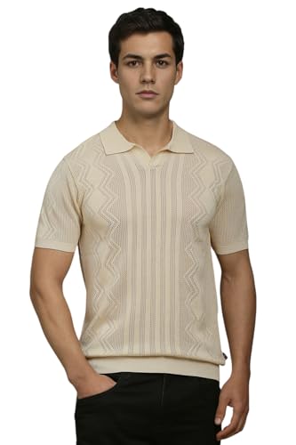 Louis Philippe Men Beige Textured Polo Neck T-Shirt