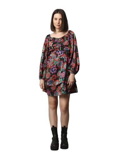 ONLY Women Floral Printed Fit and Flare Casual Dress Jet Black