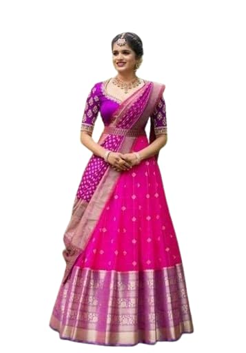 RENVAANI Women's Traditional Kanjivaram Silk Zari Weaving Unstitched Lehenga Choli with Dupatta (Khajuri BT Red)