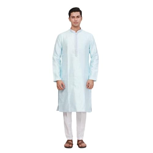 Ethnix Men's Regular Fit Jacquard Pattern Polyester Blend Long Sleeve Traditional Kurta Blue