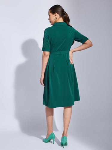 Latin Quarters Women Green Collared Half Sleeves Solid A-Line Shirt Dress for Casual Wear