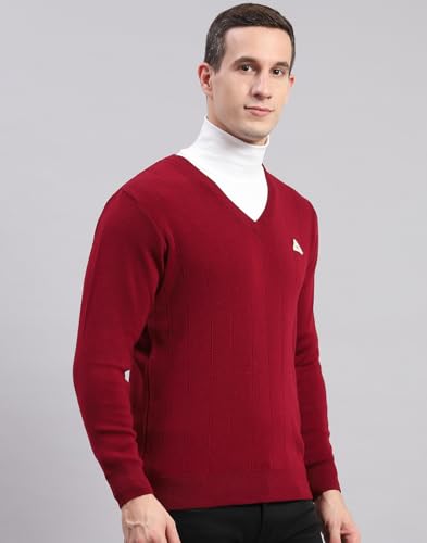 Monte Carlo Mens Solid Maroon V Neck Full Sleeve Pullover (1241214VN-947-42)