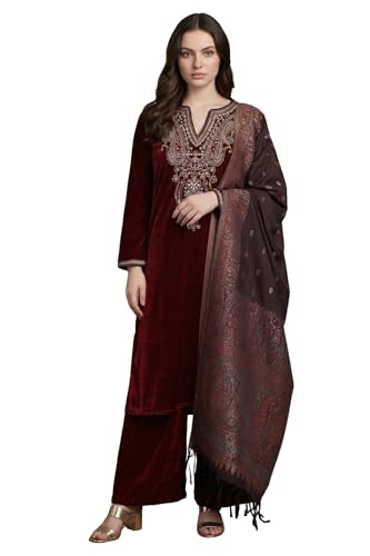 W for Woman Maroon Straight Kurta with Parallel Pant and Dupatta - (WS13312-224203-L)