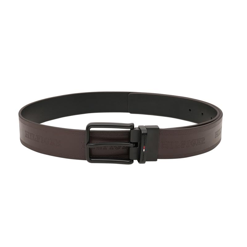 Tommy Hilfiger Men's Voborg Reversible Leather Belt - Embossed Logo Pattern - Dual Brown & Black For Classic Casual Styling & Gifting | Size M - 90 CM