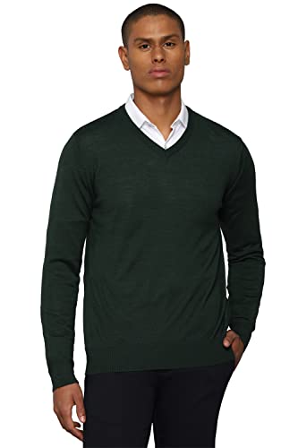 Men Green Solid V Neck Full Sleeves Sweater